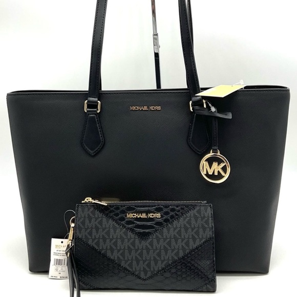 Michael Kors Bag Large Sheila Mf Tote Bag & Large Double Zip Wallet Black/Gold - Picture 1 of 14